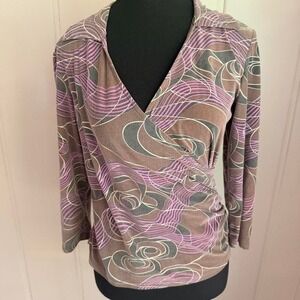 Brown pink abstract swirl quarter sleeve faux wrap top Y2K office core blouse